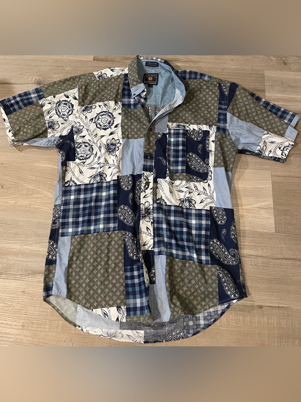 Chaps Patchwork Button-Down Shirt - Navy, White, Olive, Light Blue